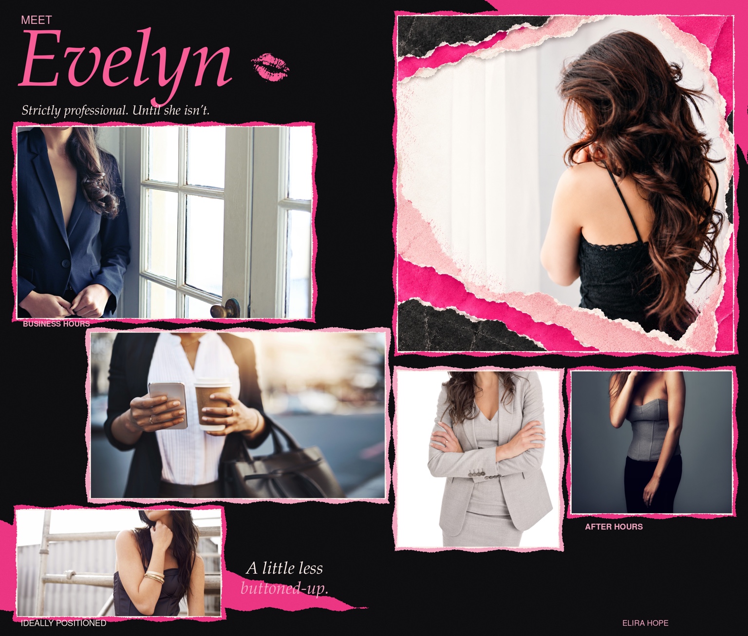 Meet Evelyn. Strictly professional. Until she isn’t. A collage of her business-hours and after-hours style.