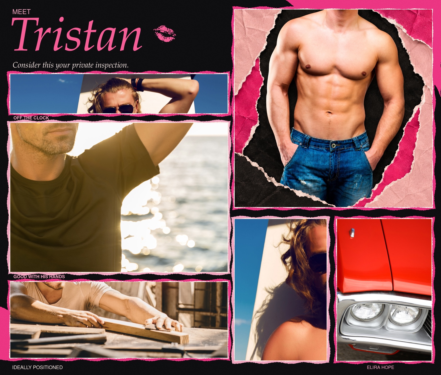 Meet Tristan. Consider this your private inspection. A collage of his off-duty style, workshop and red car.